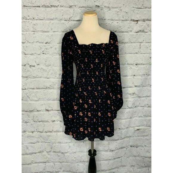FREE PEOPLE black Floral Long Sleeves Peasant Mini Dress Small - Picture 10 of 11